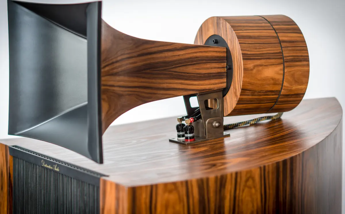 Close-up of the rosewood horn throat, driver housing and speaker terminals on top of a Destination Audio Nika