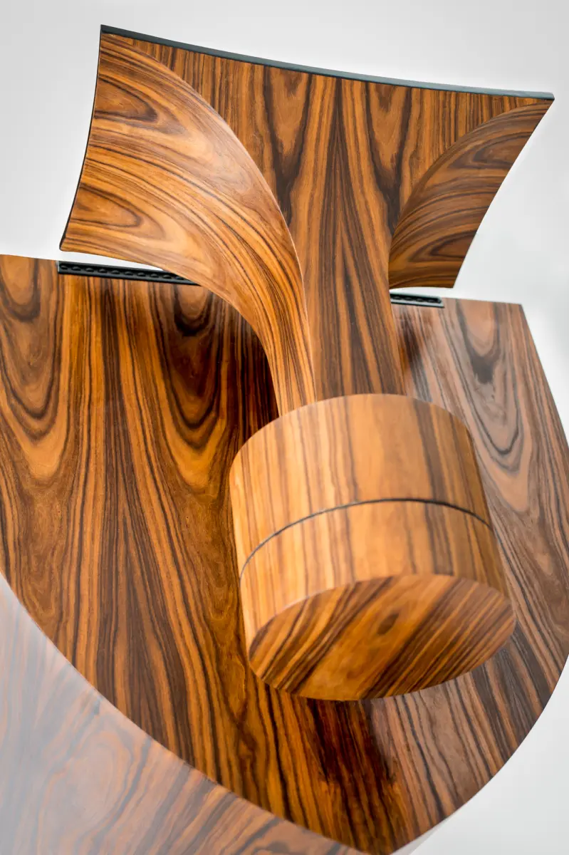 Top view of the rosewood horn and driver housing of a Destination Audio Nika speaker