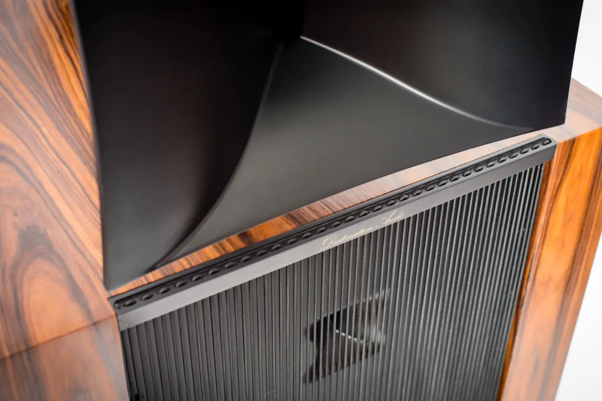 Close-up of the black horn and the grille top of a Destination Audio Nika speaker