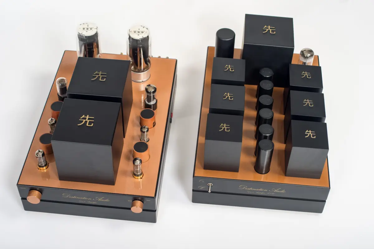 Overhead view of the Destination Audio GM70 amplifier and its separate power supply