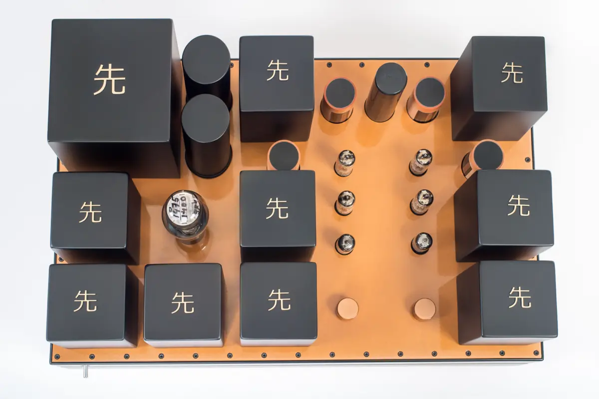 Top-down view of the Destination Audio WE417A phono stage showing transformers, tubes and capacitors