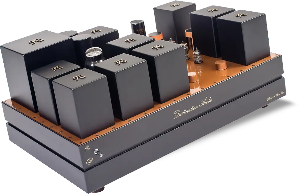 Destination Audio WE417A phono stage, side view, with black transformer housings on a copper-colored top plate
