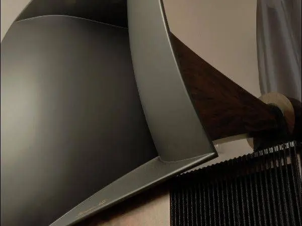 Close-up of the black horn of a Destination Audio Vista speaker above its wooden horn throat