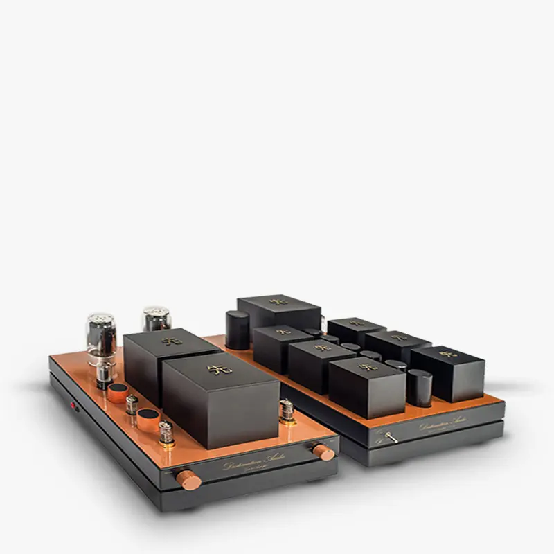 Destination Audio GM70 integrated amplifier and power supply, black chassis with copper-colored top plates