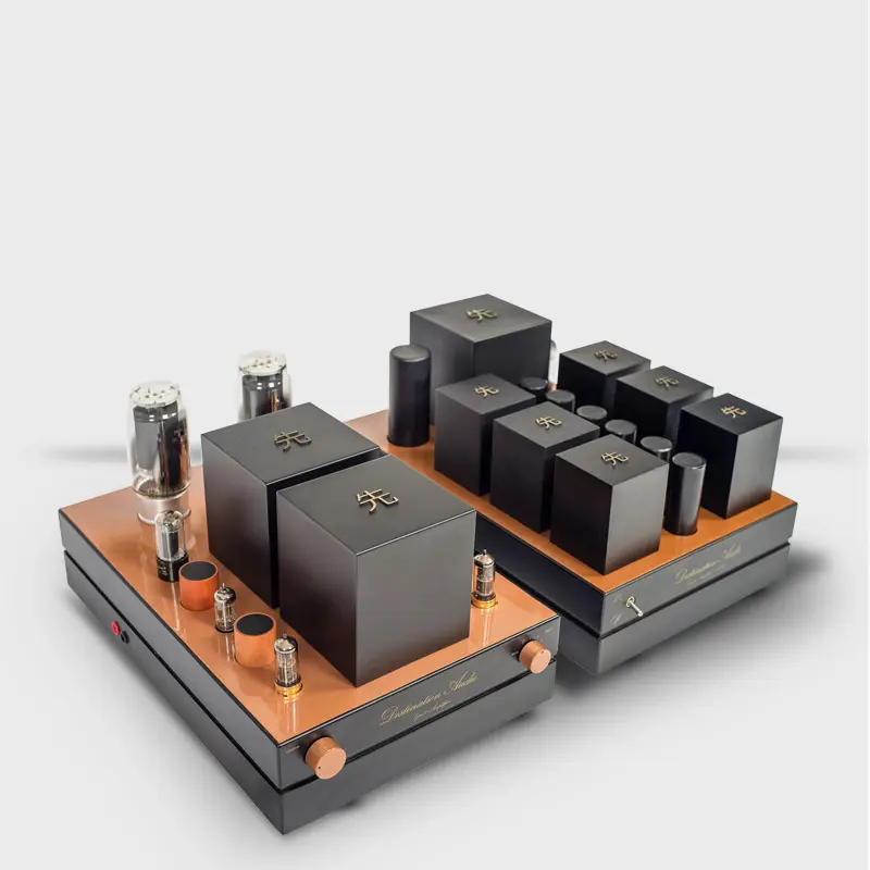 Destination Audio GM70 integrated amplifier and its separate power supply, side by side
