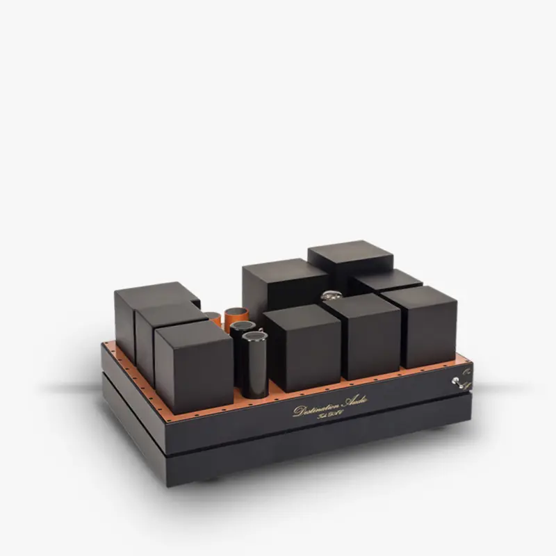 Destination Audio ECC40 Tube DAC, black chassis with black transformer housings and a copper-colored edge