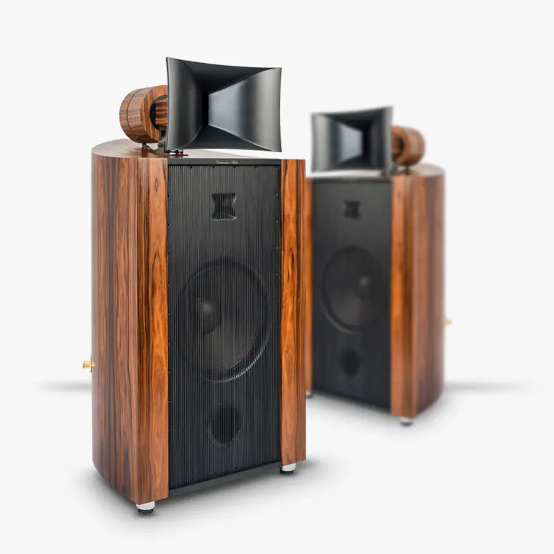 A pair of Destination Audio Nika 3-way horn speakers with rosewood cabinets and black horns