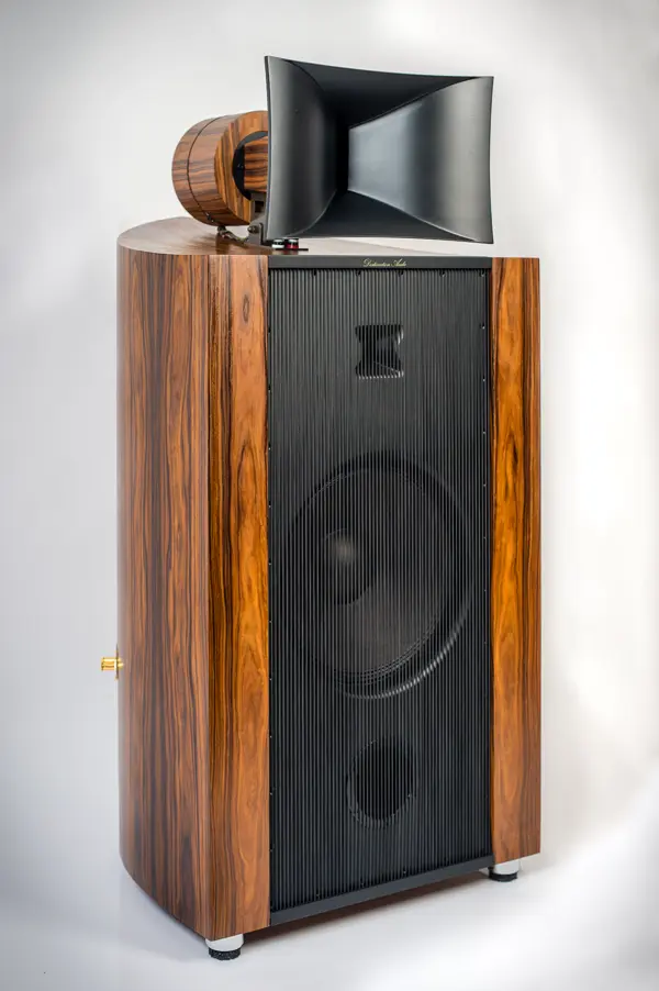 Destination Audio Nika horn speaker with a black horn on a rosewood cabinet, front three-quarter view