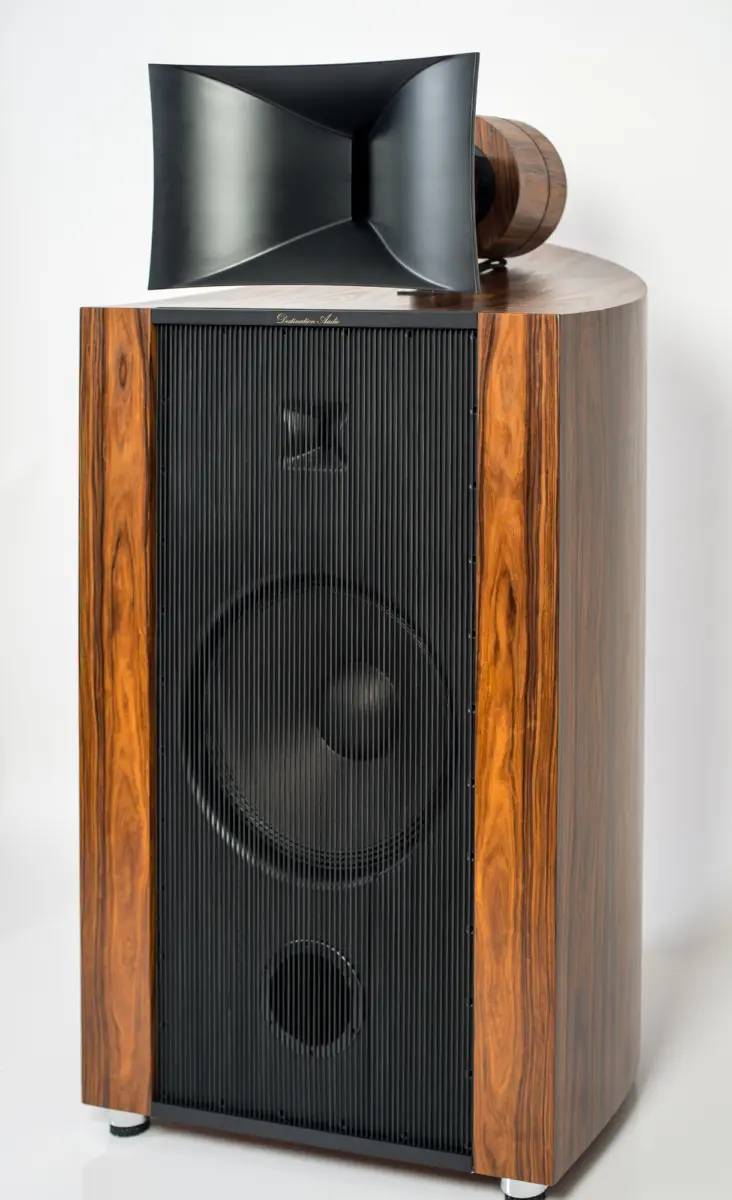 Destination Audio Nika horn speaker, front view, rosewood cabinet with black grille