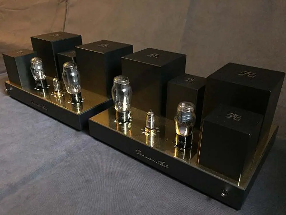 A pair of Destination Audio 45 tube mono amplifiers side by side