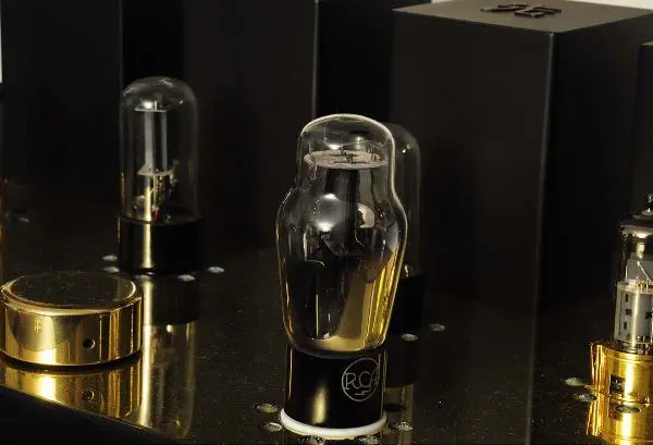 Close-up of an RCA power tube on a Destination Audio 45 mono amplifier