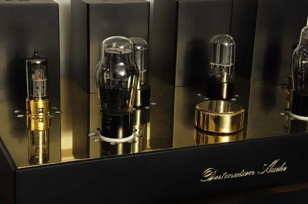 Close-up of vacuum tubes and a brass-colored knob on the polished top plate of a Destination Audio 45 mono amplifier