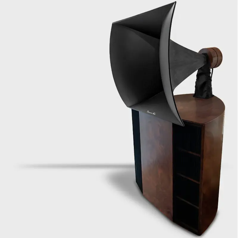 Destination Audio Vista 3-way horn speaker with a large black horn on a dark walnut cabinet